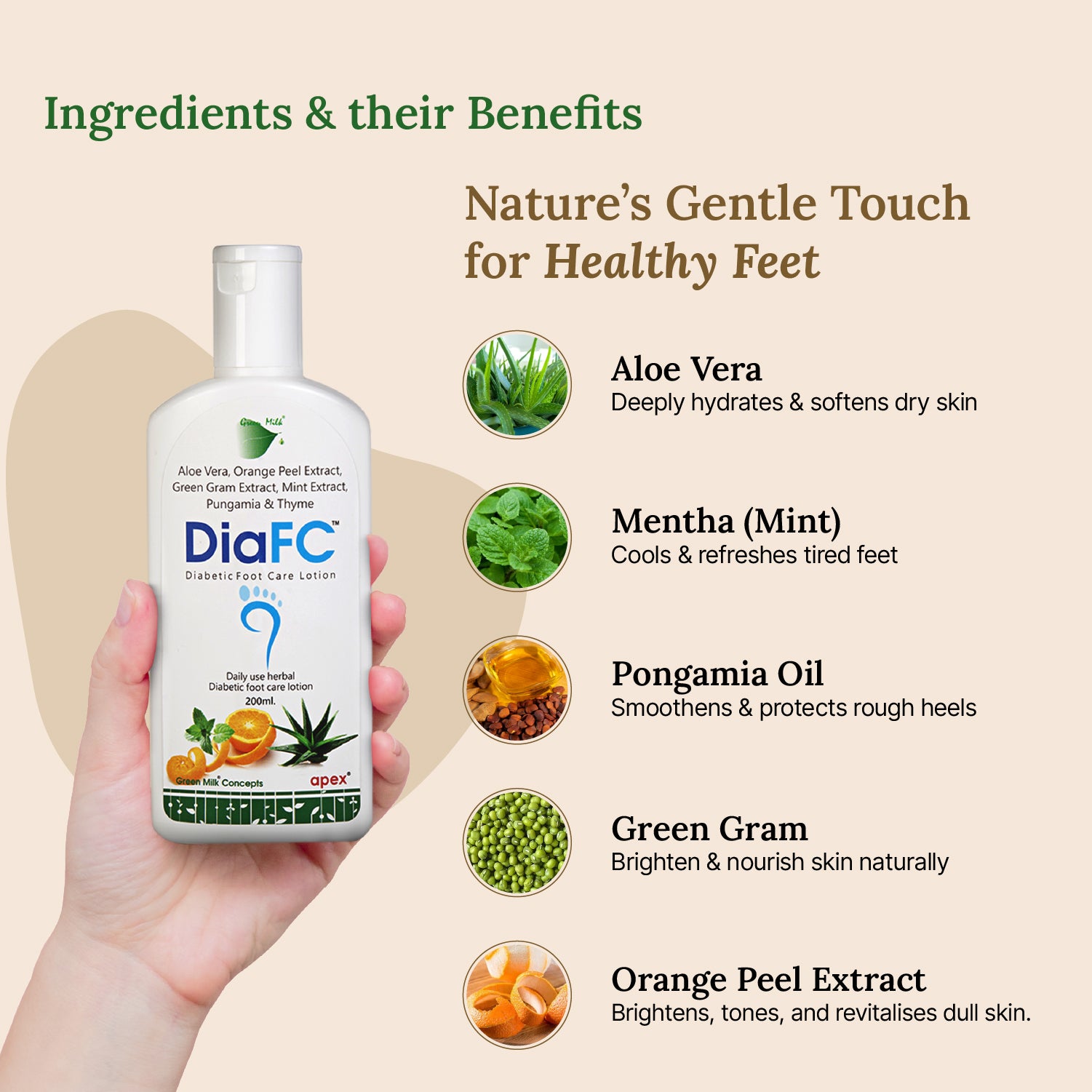 DiaFC foot care product with ingredients and benefits on a beige background