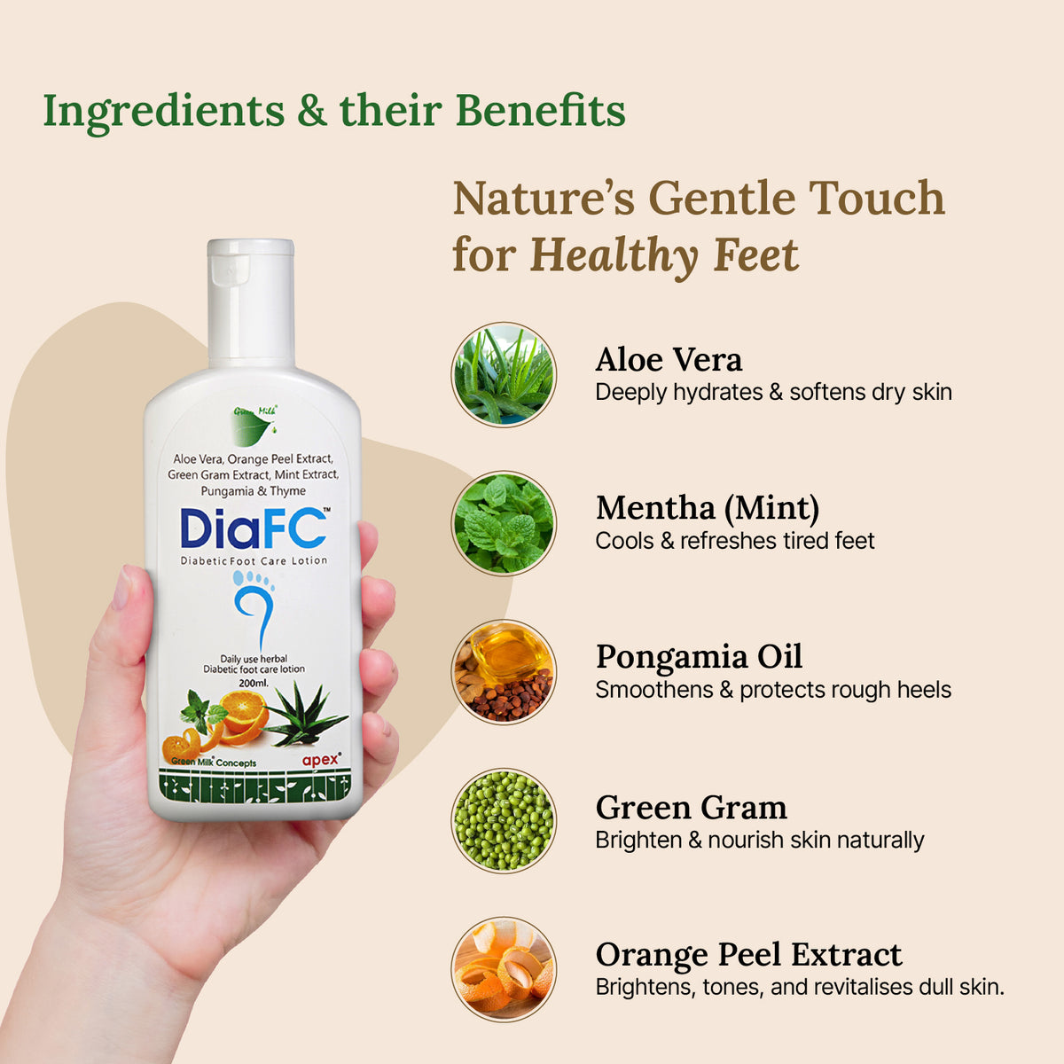 DiaFC foot care product with ingredients and benefits on a beige background