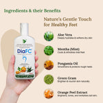 DiaFC foot care product with ingredients and benefits on a beige background
