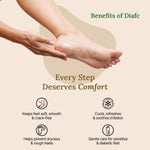 Person holding a foot with Diafc product, showing benefits on a beige background