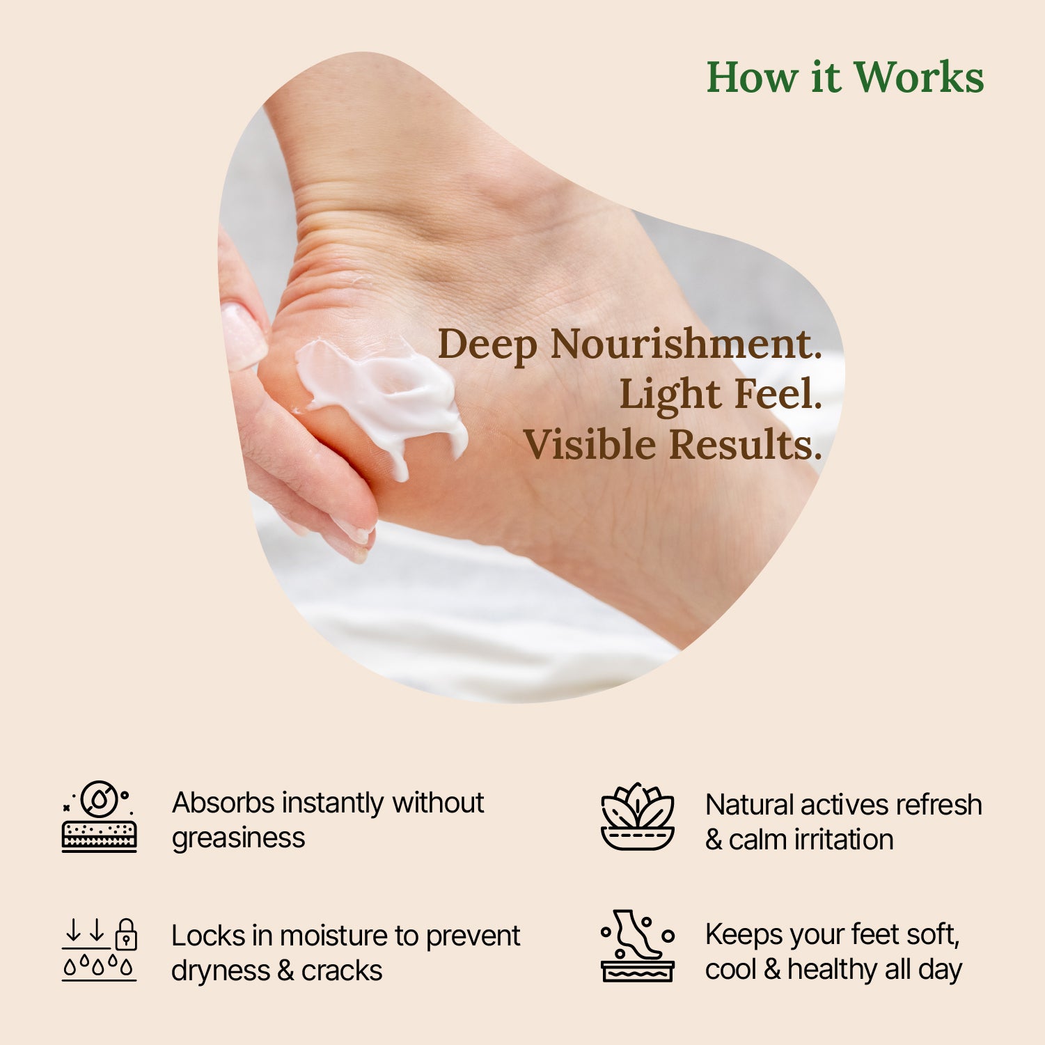 Product application on skin with text highlighting benefits on a beige background