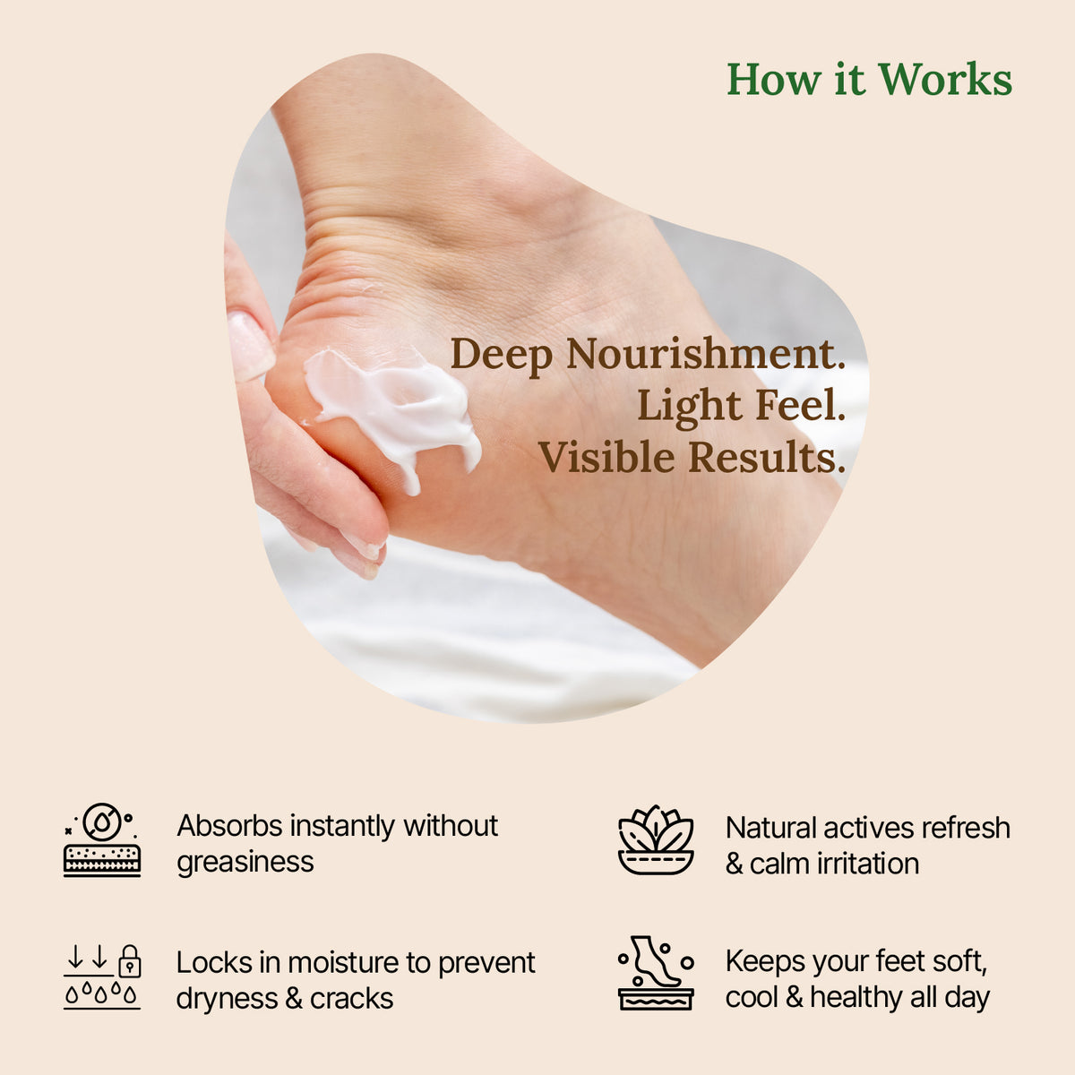 Product application on skin with text highlighting benefits on a beige background