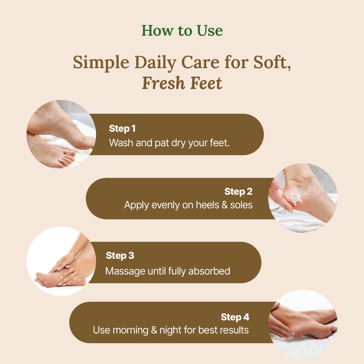 Instructions for simple daily foot care with steps shown on a beige background