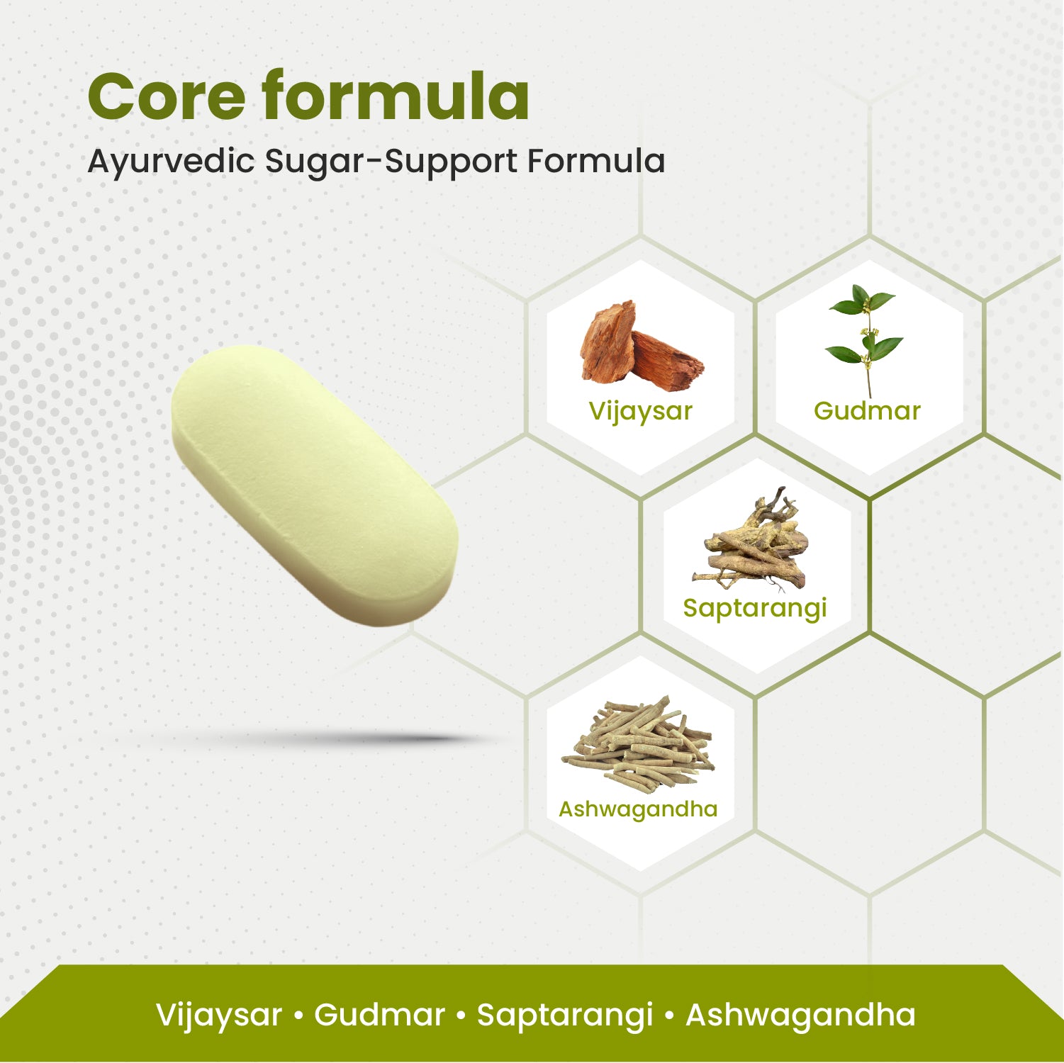 Ayurvedic sugar-support formula with ingredients and pill on a white background