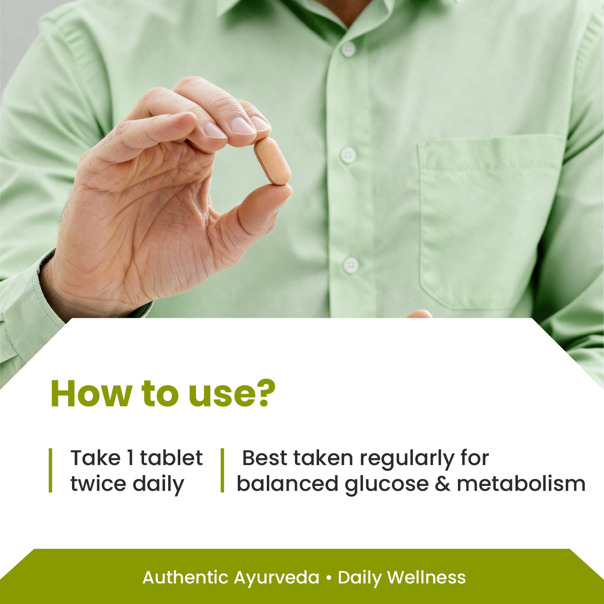 Person holding a transparent panel with text about a supplement, wearing a green shirt.