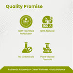 Quality Promise banner with GMP-Certified Production, 100% Natural, No Chemicals, and Plant-Based Formula icons on a white background.
