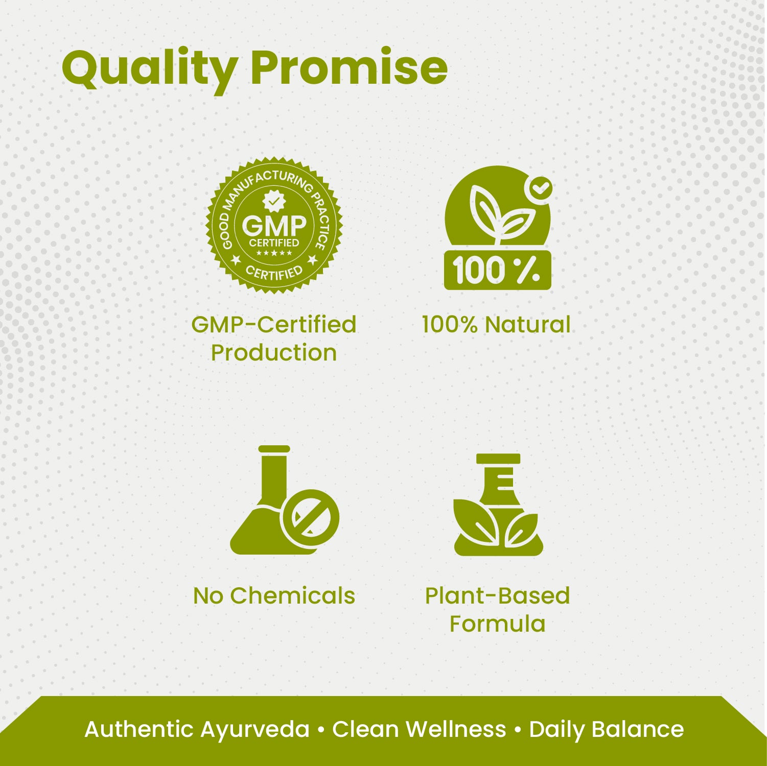 Quality Promise banner with GMP-Certified Production, 100% Natural, No Chemicals, and Plant-Based Formula icons on a white background.