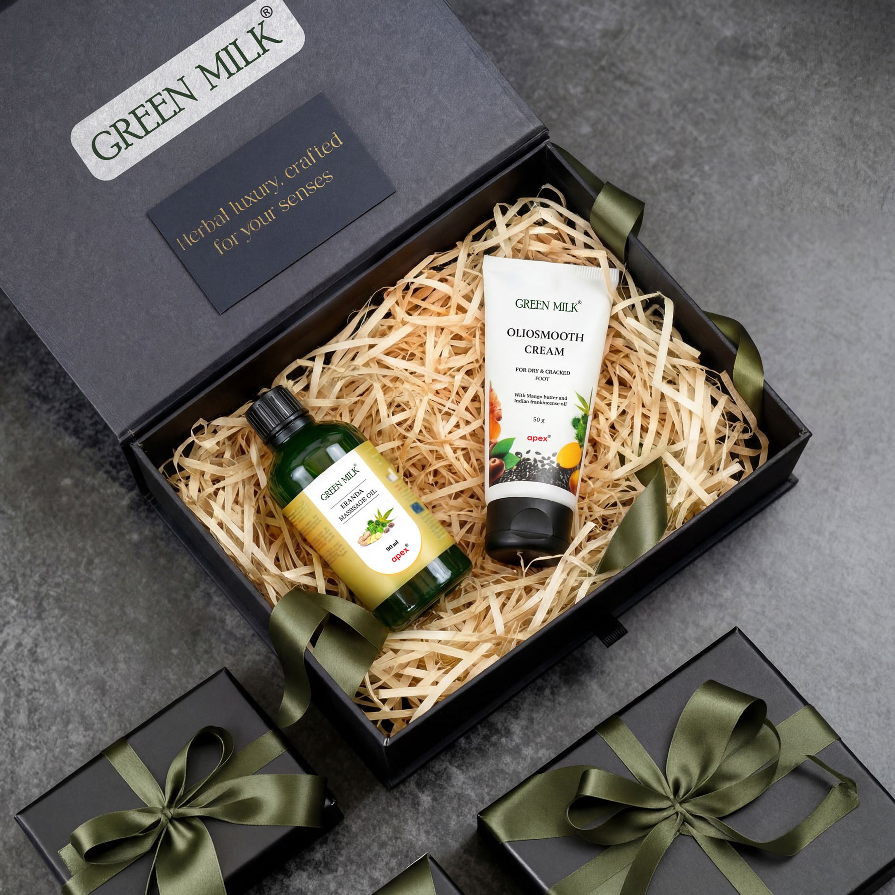 Green Milk skincare products in a gift box on a gray surface