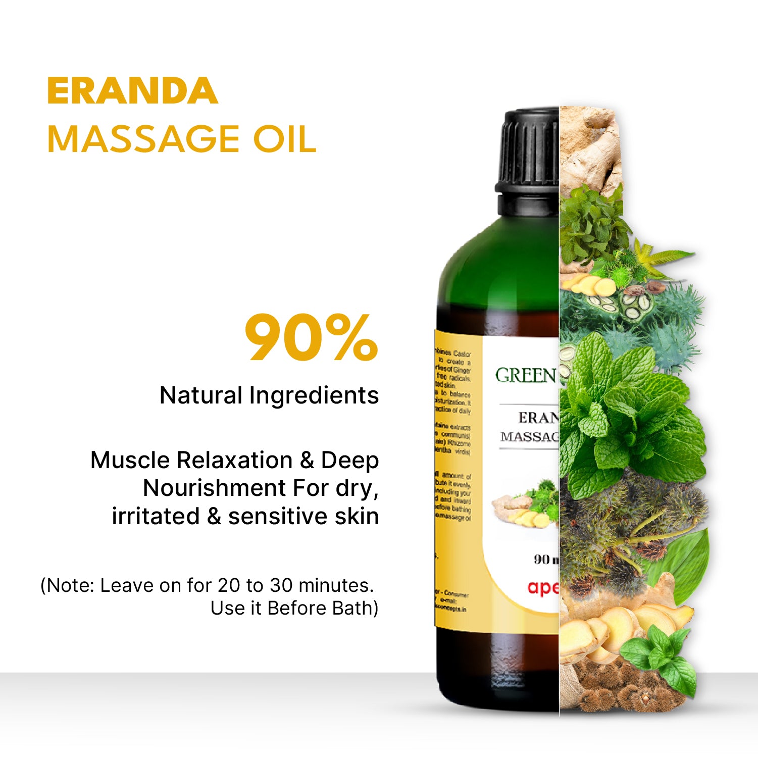 Eranda massage oil bottle with natural ingredients and product benefits on a white background