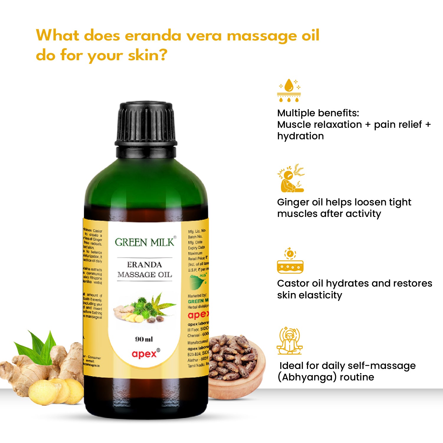 Green Milk Erenda Vera massage oil bottle with benefits listed on a white background