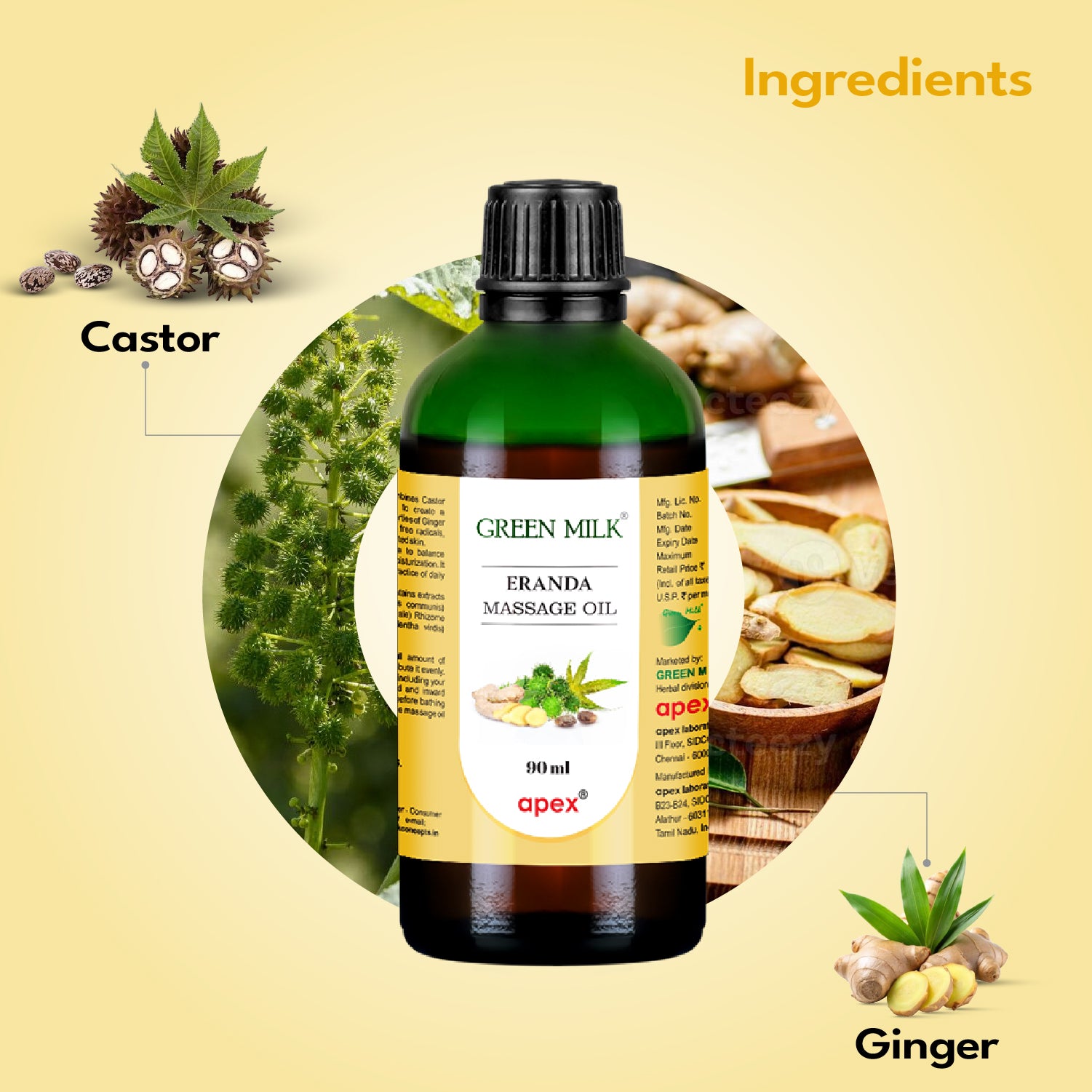 Bottle of Green Milk Eranda Massage Oil with ingredients like castor and ginger on a beige background