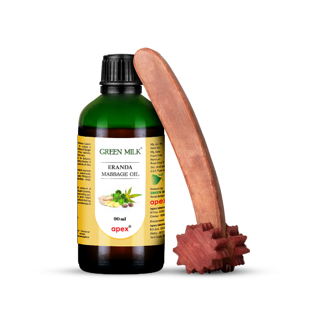 Bottle of Green Milk Erenda Massage Oil with a wooden massage tool on a white background