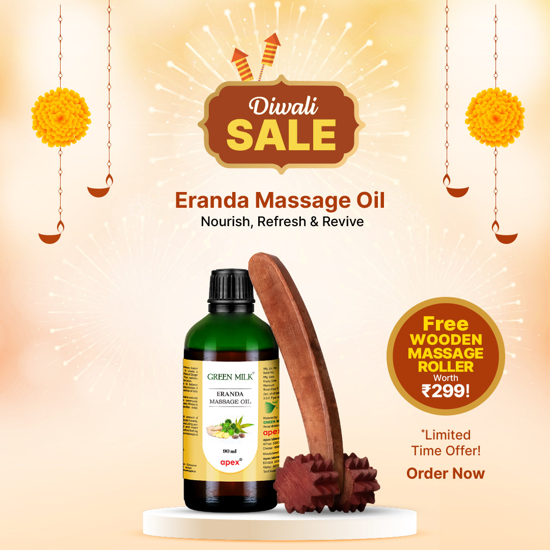 Emanda Massage Oil with a wooden roller on a Diwali sale background