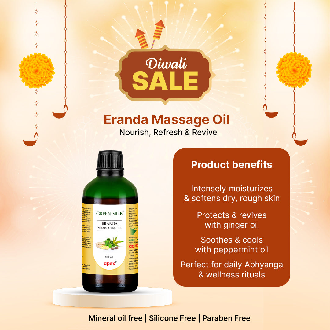 Emanda Massage Oil bottle with Diwali sale text and product benefits on a warm background