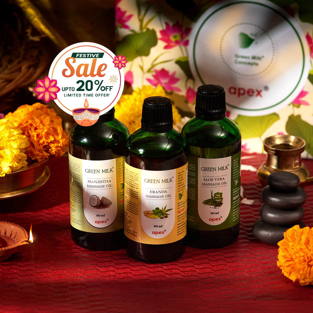 Three bottles of Green Milk Apex massage oil on a festive background with decorative elements.