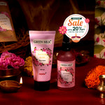 Green Milk Pannik Rose skincare products with a festive sale banner on a decorative background.