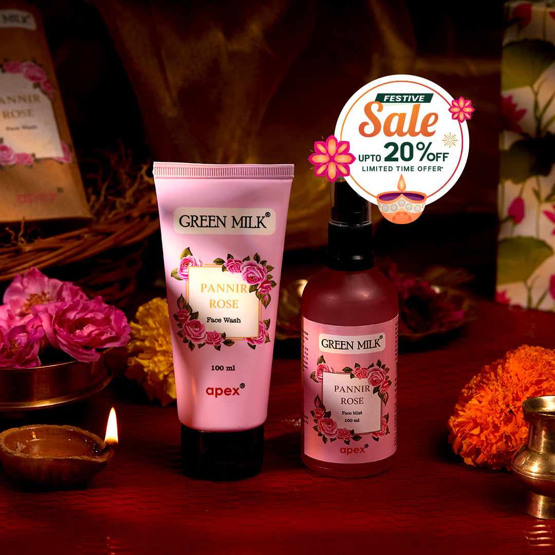 Green Milk Pannik Rose skincare products with a festive sale banner on a decorative background.