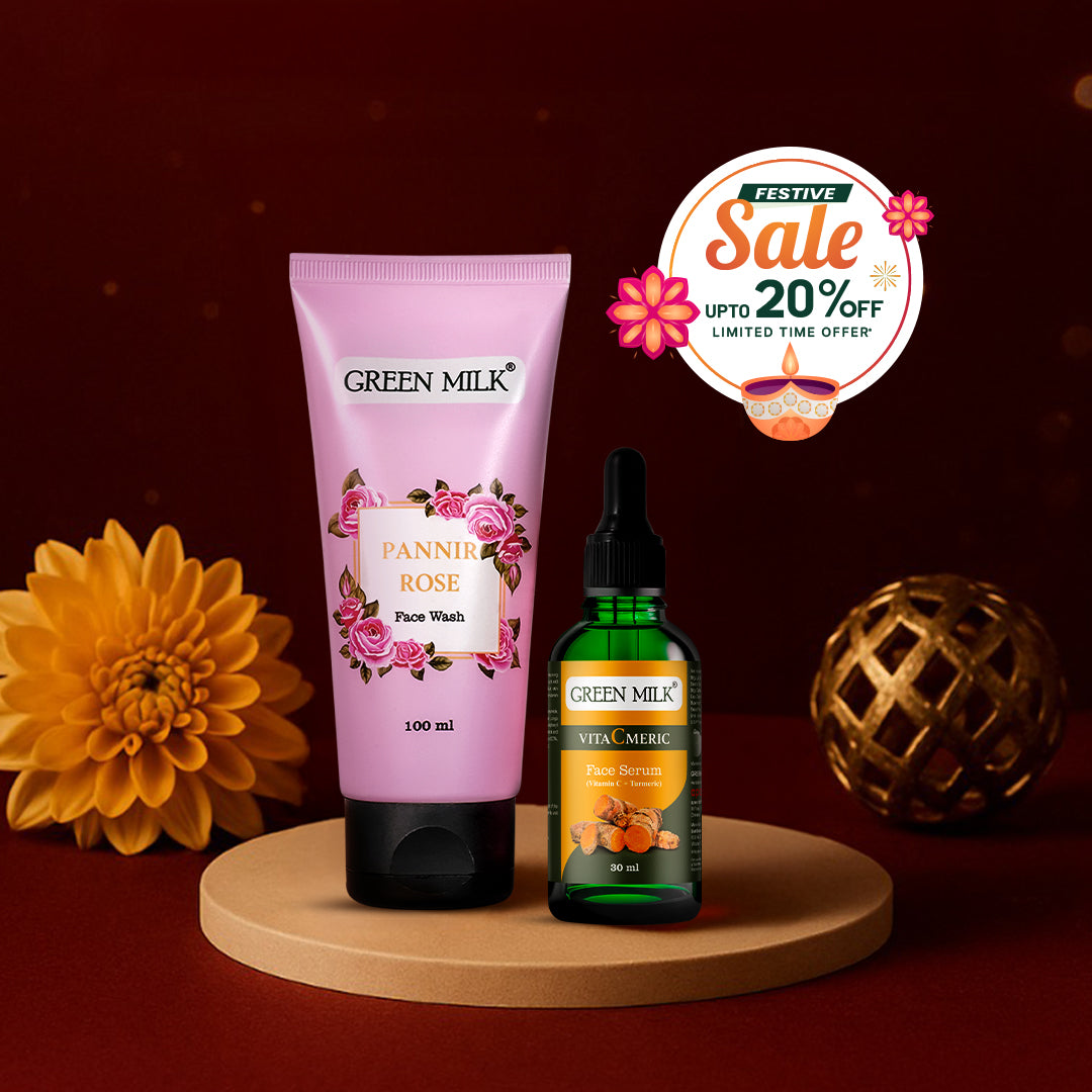 Green Milk Fannir Rose Face Wash and Vital Merit Face Serum with a festive sale badge on a dark background.