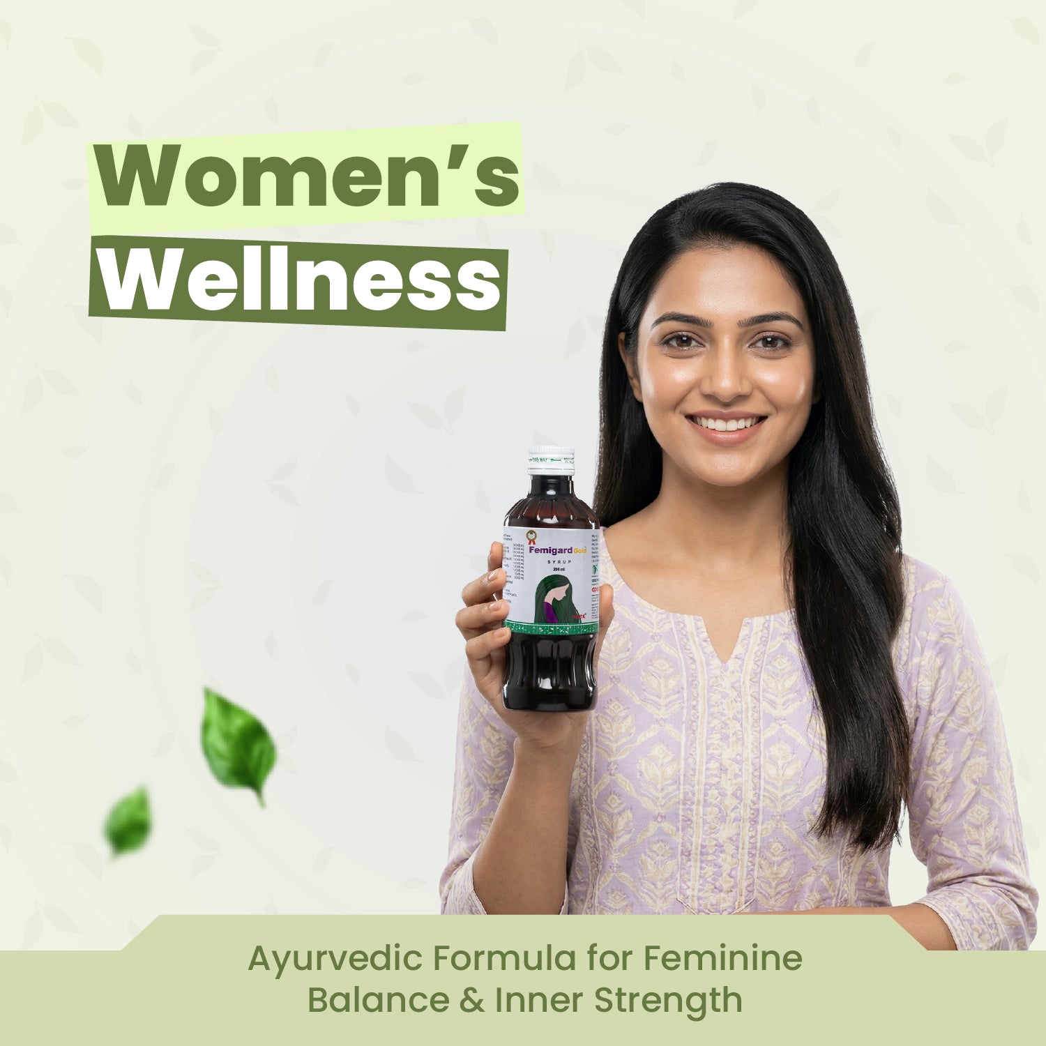 Woman holding a bottle labeled 'Women's Wellness' with text about an Ayurvedic formula.