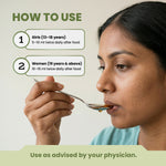 Person using a spoon with medication, accompanied by usage instructions.