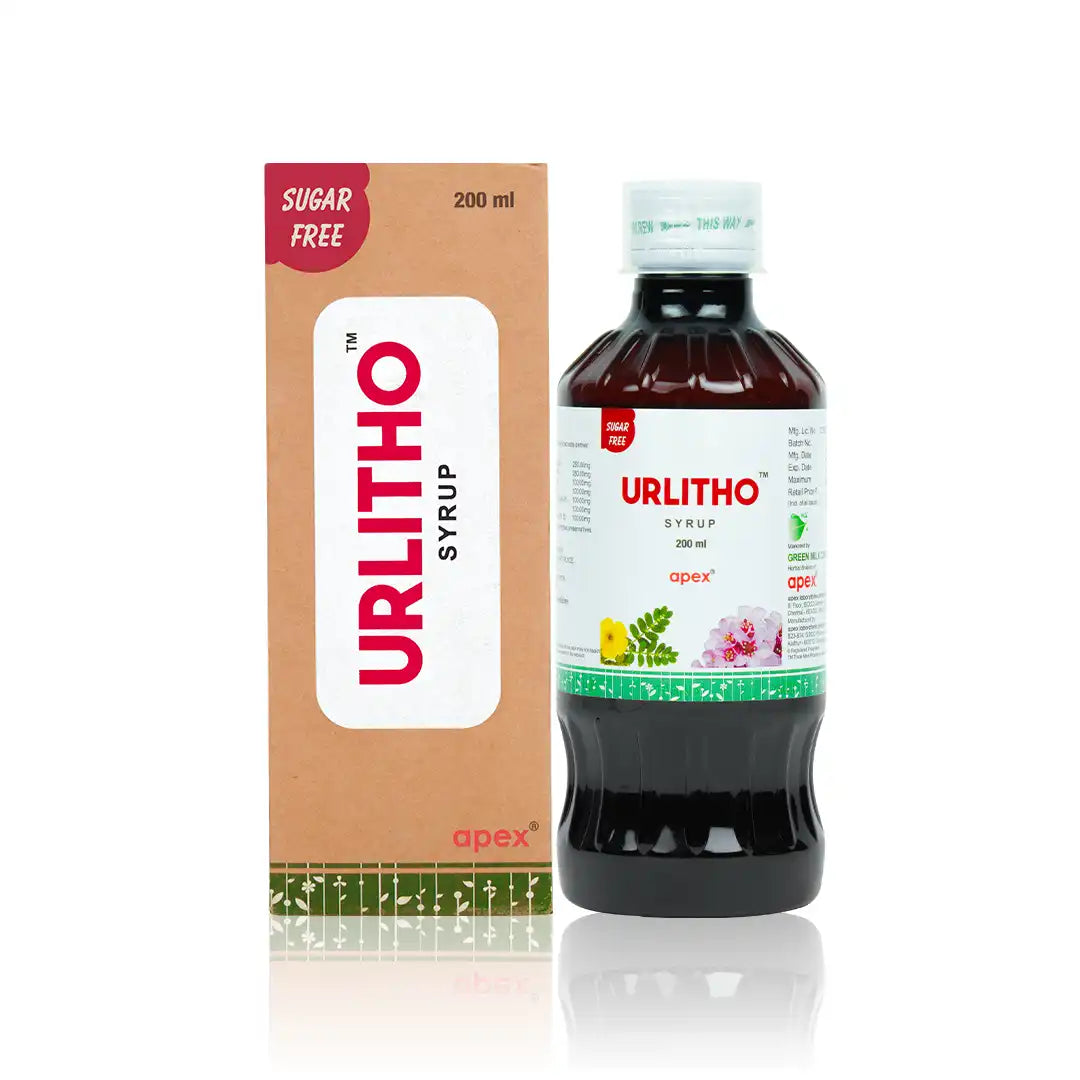 Packaging and bottle of Urthitho Urlitho Syrup, indicating it is sugar-free and has a capacity of 200 ml.