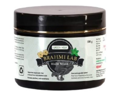 Brahimi Lab hair mask jar with black lid on a white background