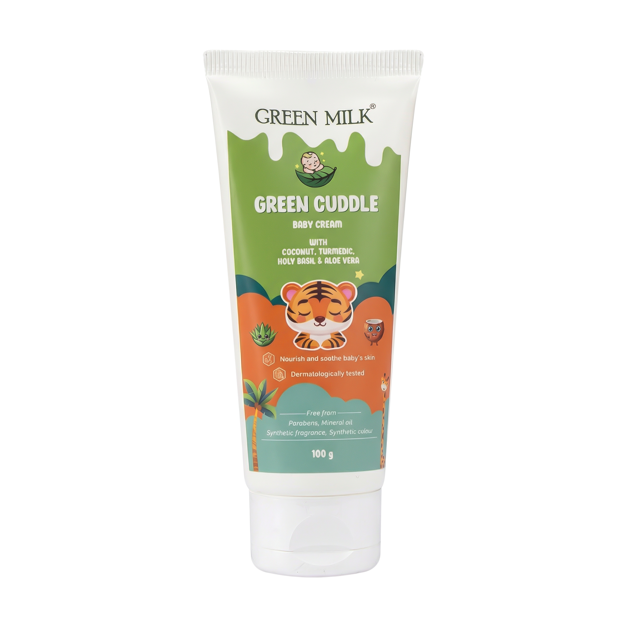 Green Milk Green Cuddle baby cream tube on a white background