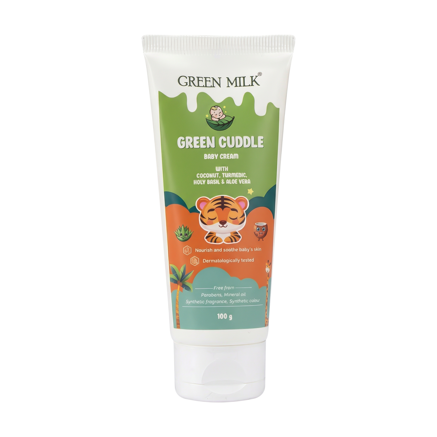 Green Milk Green Cuddle baby cream tube on a white background