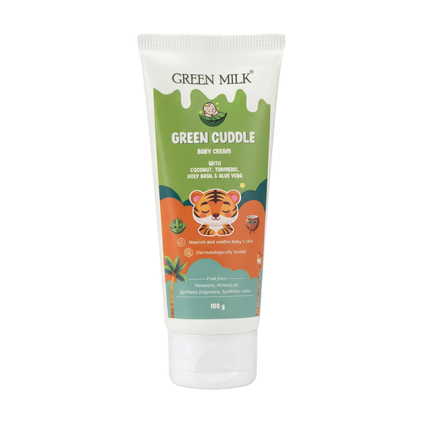 Green Milk Green Cuddle baby cream tube on a white background