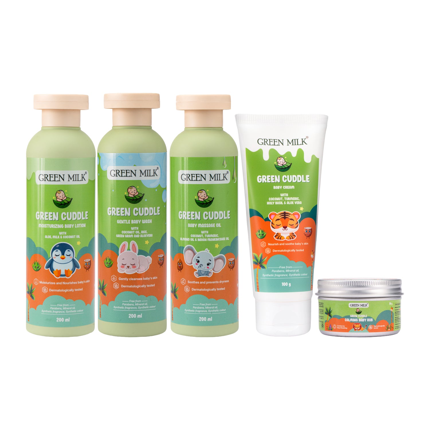 Collection of Green Milk baby care products on a white background