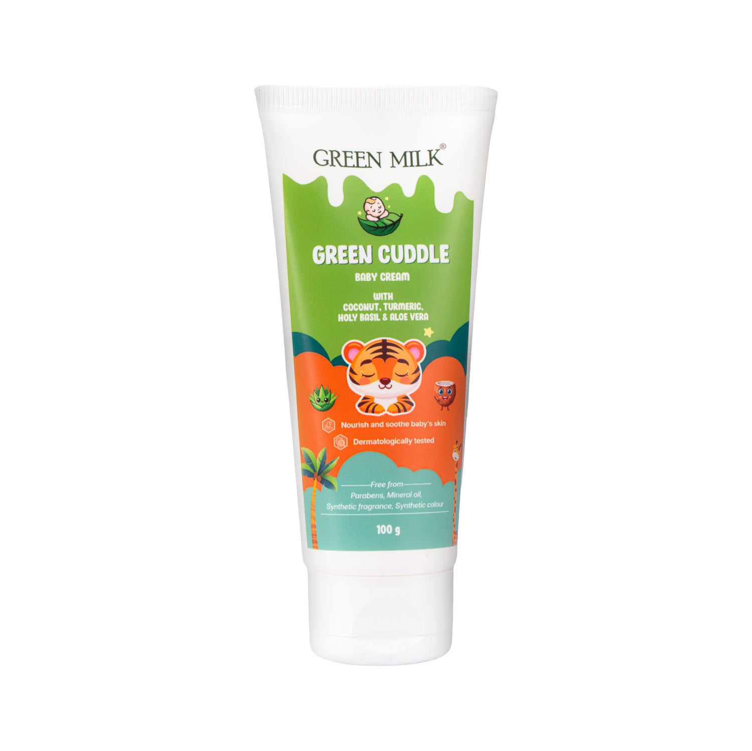 Green Milk Green Cuddle baby cream tube on a white background