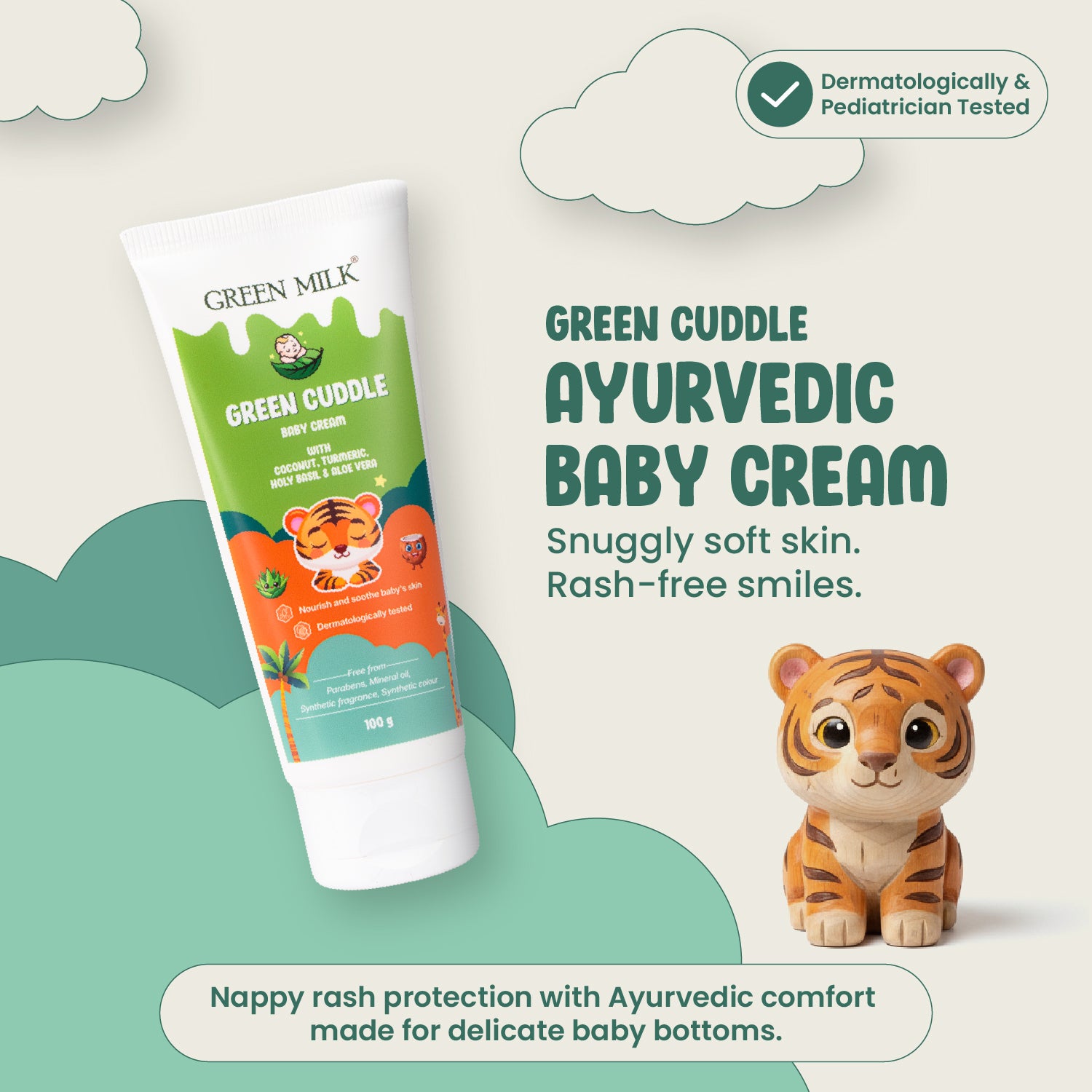 Green Milk Green Cuddle Ayurvedic Baby Cream with a tiger figurine on a light background