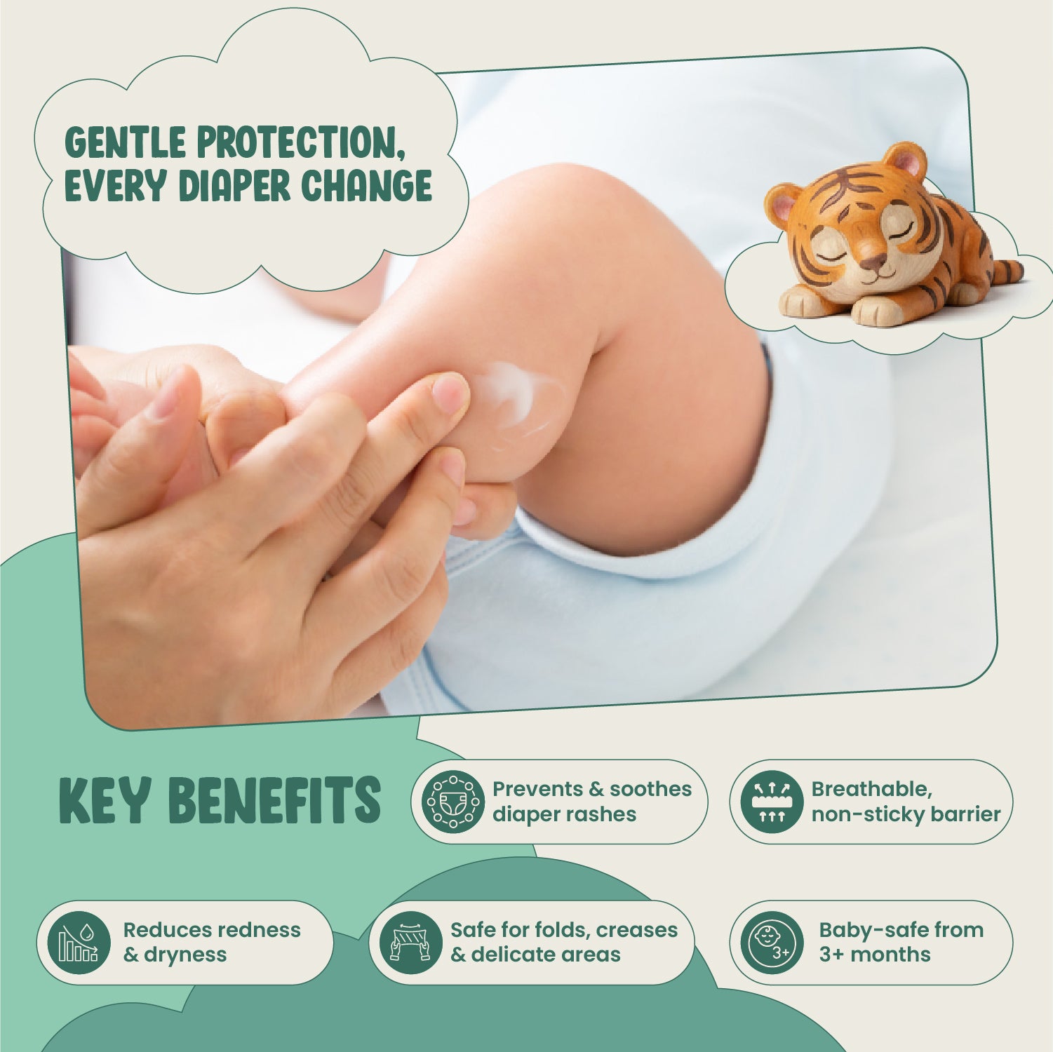 Product advertisement for diaper rash cream with a tiger illustration and key benefits listed.