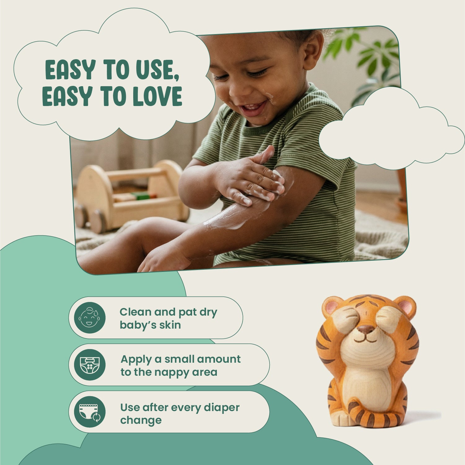 Child applying cream to their arm with a tiger-shaped container and text about its use.