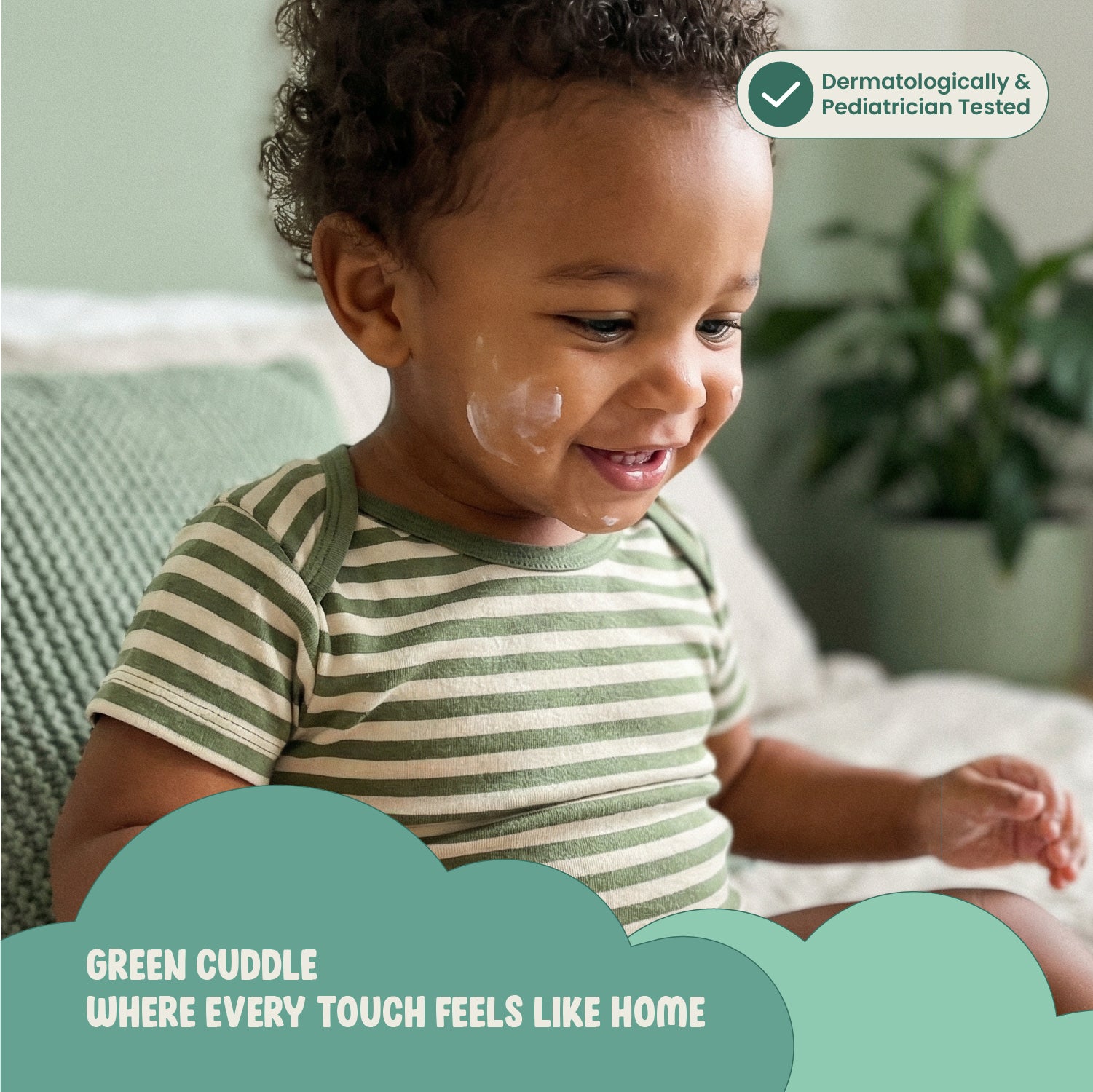 Child wearing a green and white striped shirt with a product label indicating dermatological and pediatric testing.