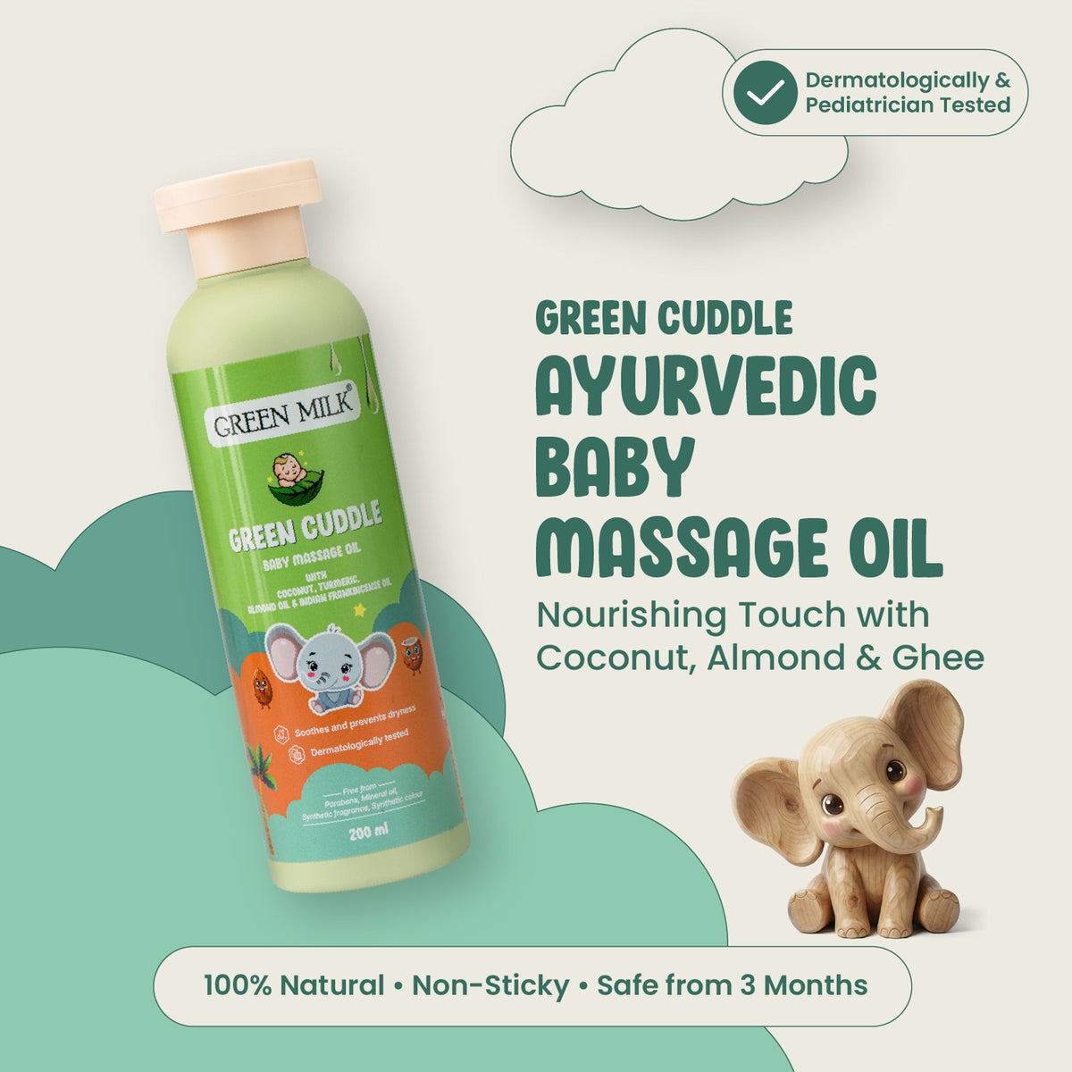 Green Milk Green Cuddle Ayurvedic Baby Massage Oil with a baby elephant toy on a light gray background