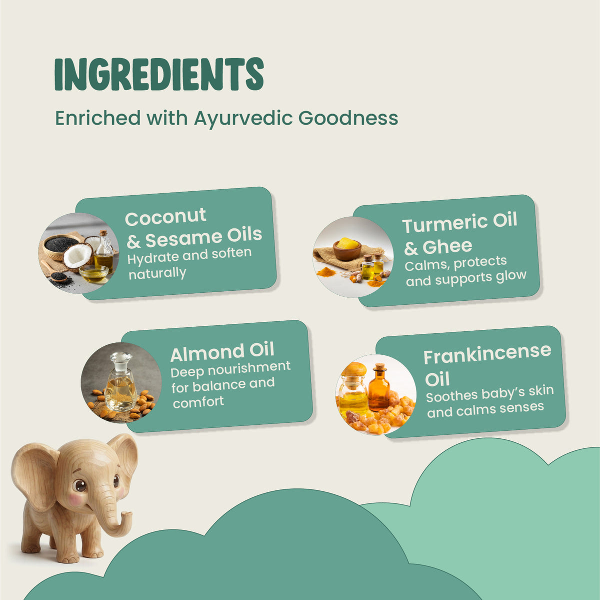 Ingredients of a product enriched with Ayurvedic goodness, featuring coconut and sesame oils, turmeric oil and ghee, almond oil, and frankincense oil, with an elephant figurine on a light background.