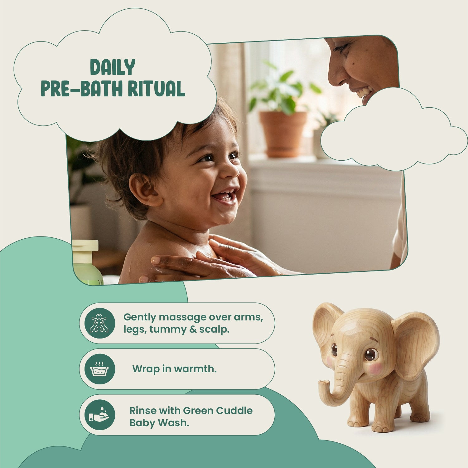 Child being bathed with a thought bubble about a daily pre-bath ritual, next to a wooden elephant toy.