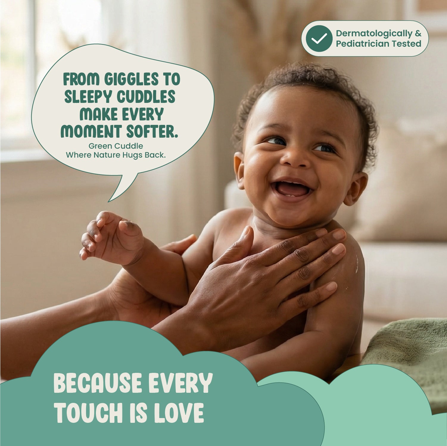 Baby being held with a speech bubble and text about 'Green Cuddle' product, set against a blurred indoor background.