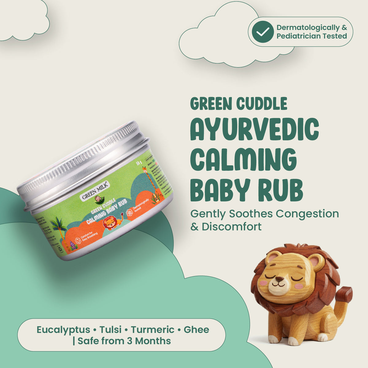 Green Cuddle Ayurvedic Calming Baby Rub with a lion figurine on a light green and white background