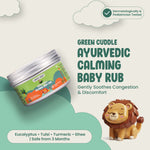 Green Cuddle Ayurvedic Calming Baby Rub with a lion figurine on a light green and white background
