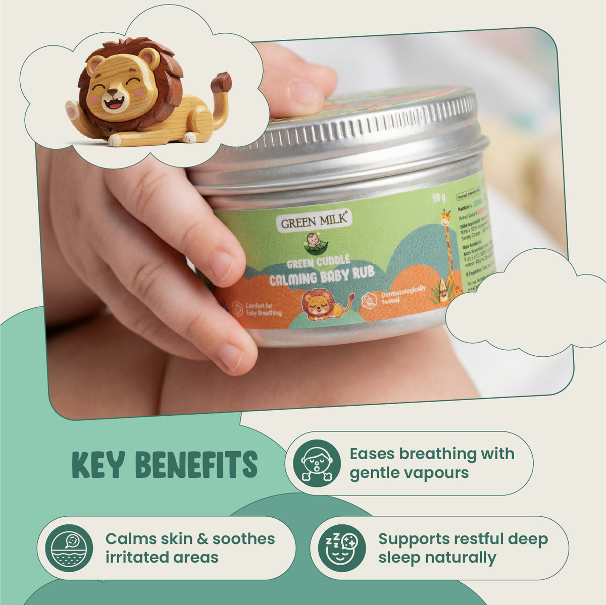 Hand holding a container of Green Milk Calming Baby Rub with key benefits listed below.