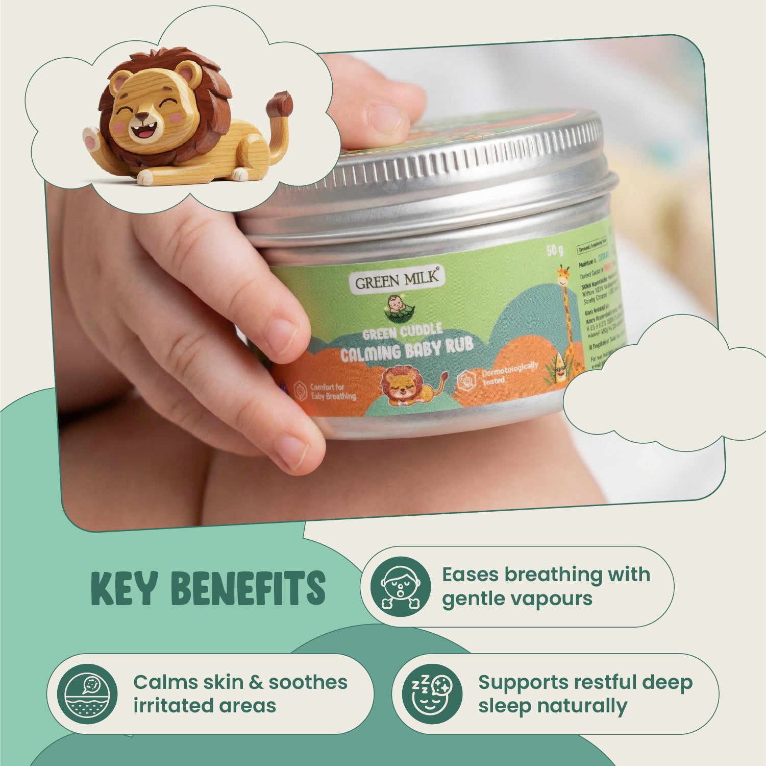 Hand holding a container of Green Milk Calming Baby Rub with key benefits listed below.