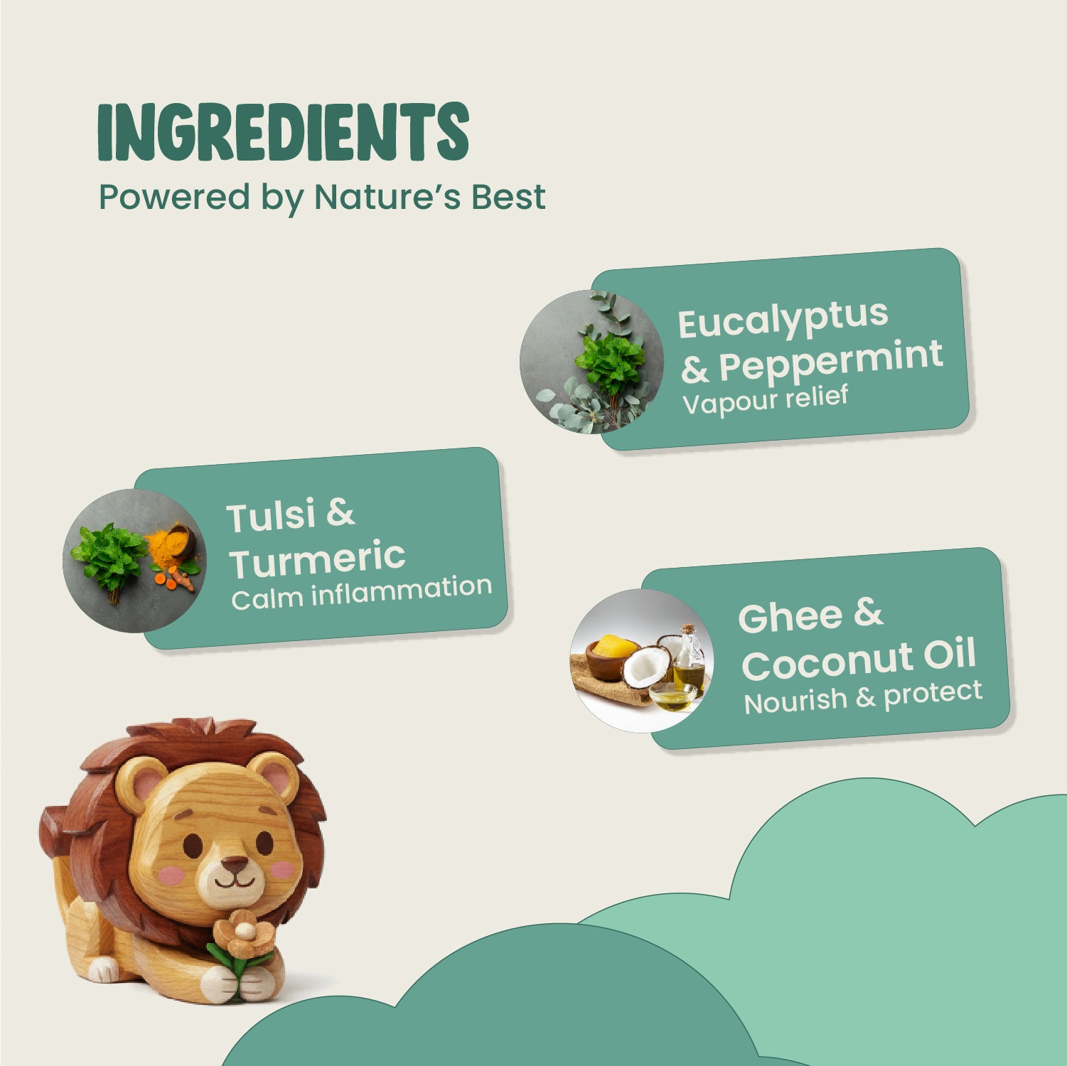 Ingredients of a product with labels for Eucalyptus & Peppermint, Tulsi & Turmeric, and Ghee & Coconut Oil, featuring a lion figurine.