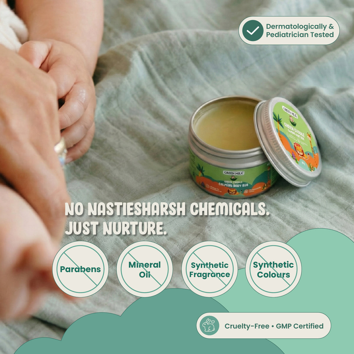 Cosmetic balm container with open lid on a textured surface, surrounded by text highlighting safety features.