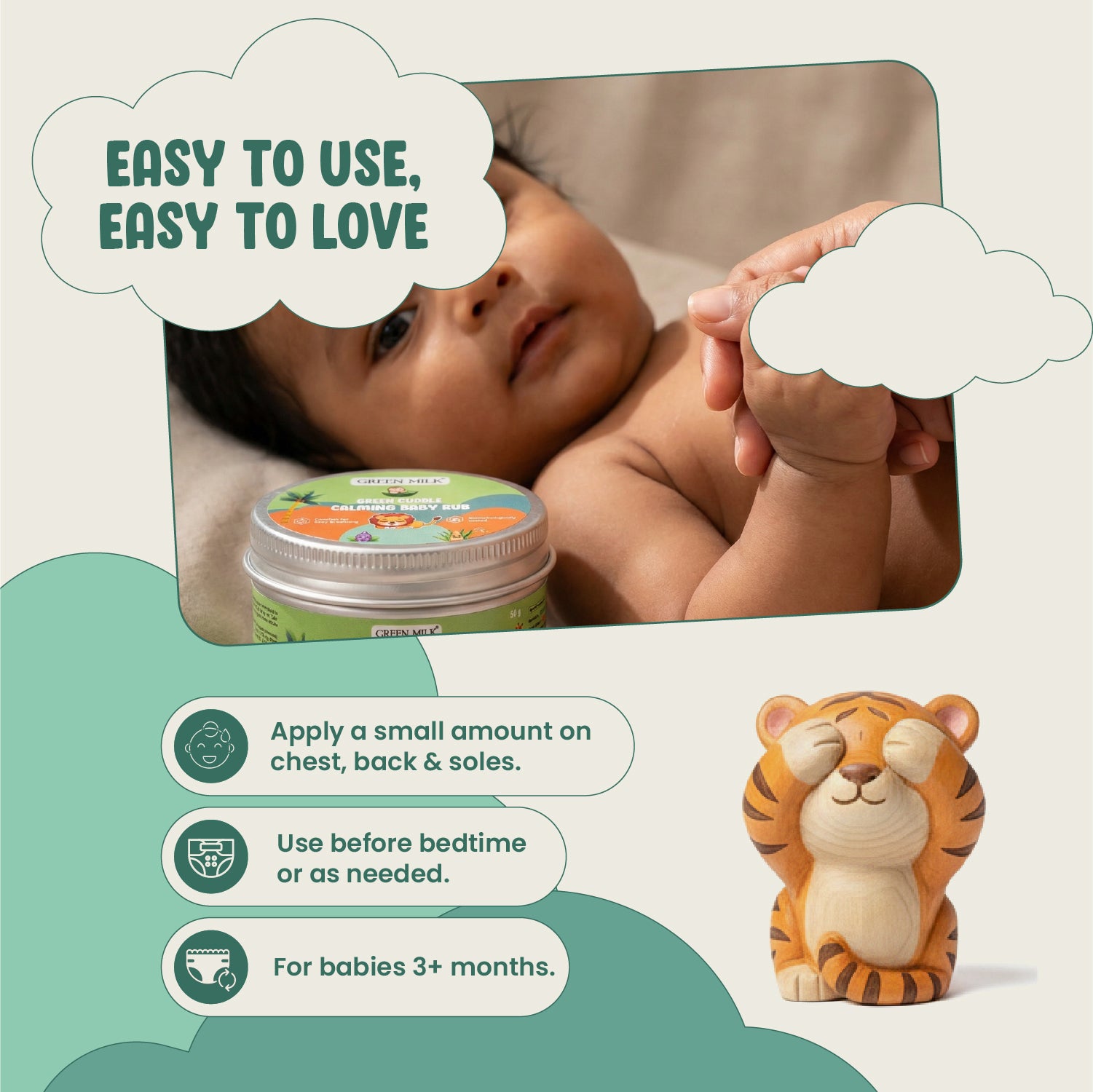 Baby holding a tin of cream with a tiger-shaped container on a light background