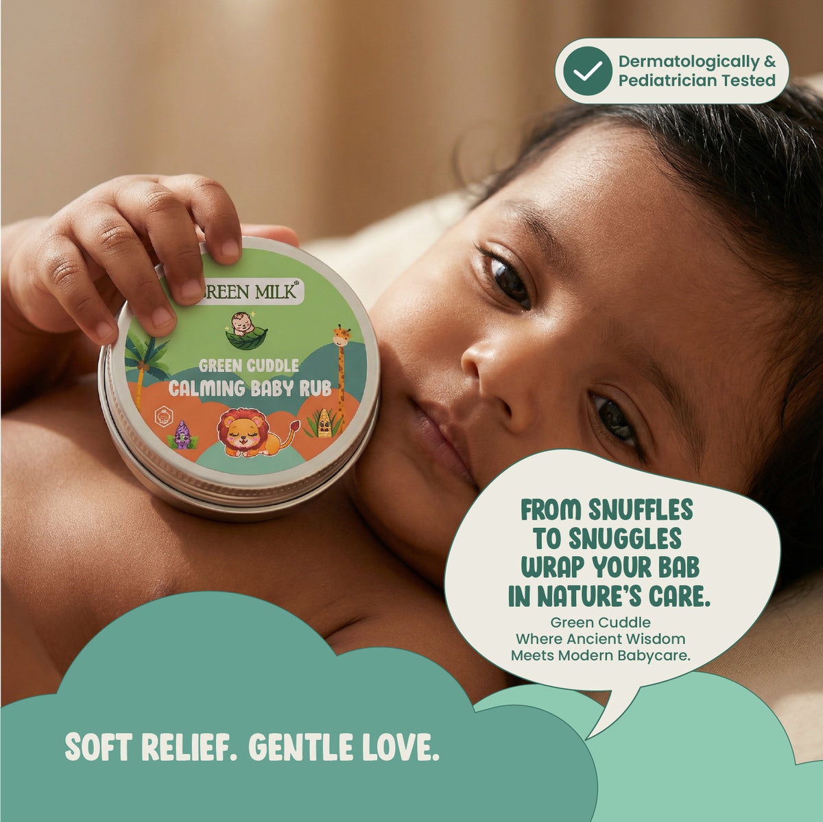 Baby holding a container of Green Milk Green Cuddle Calming Baby Rub with text about product benefits.