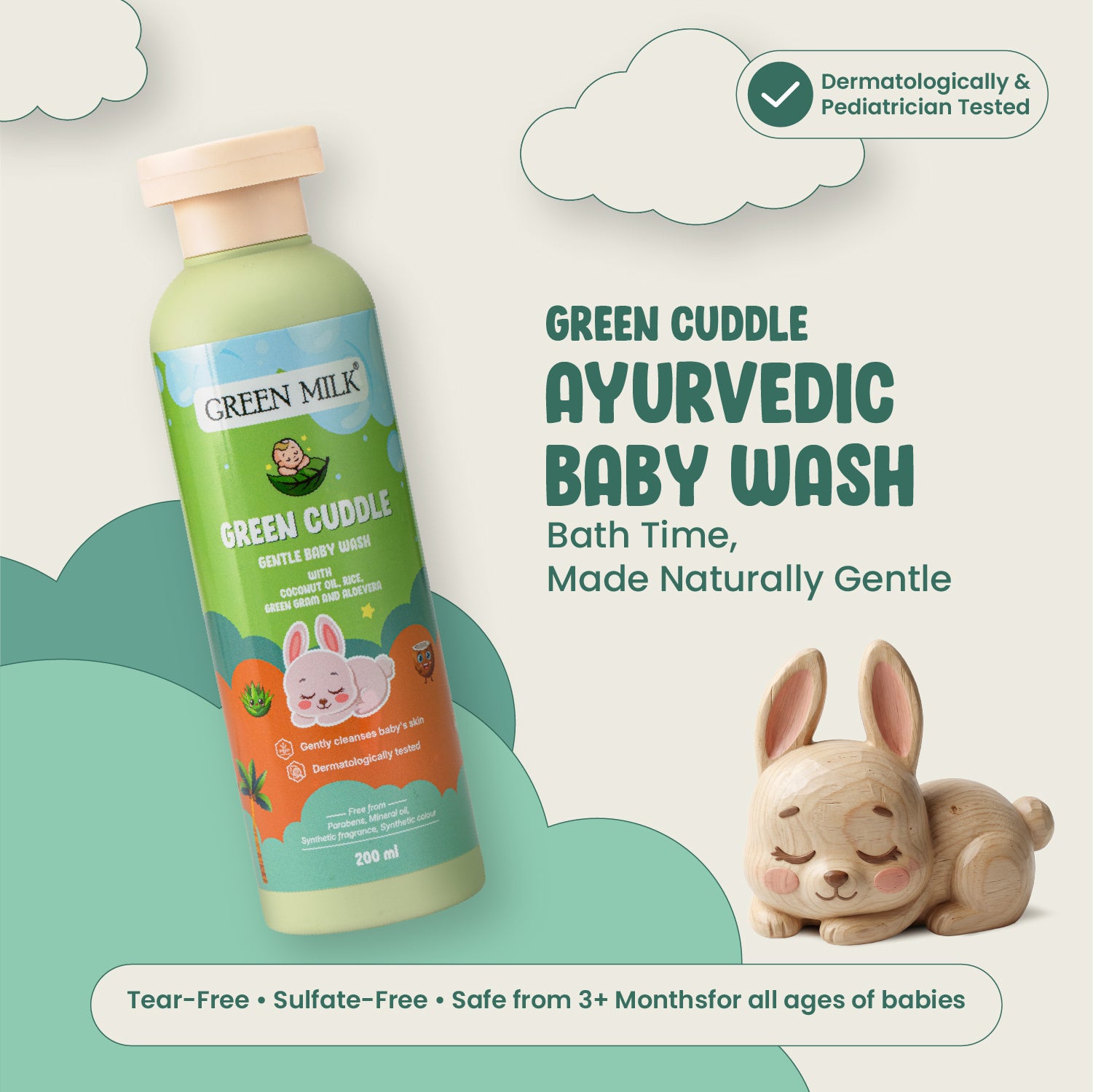 Green Milk Green Cuddle Ayurvedic Baby Wash bottle with a rabbit figurine on a light background
