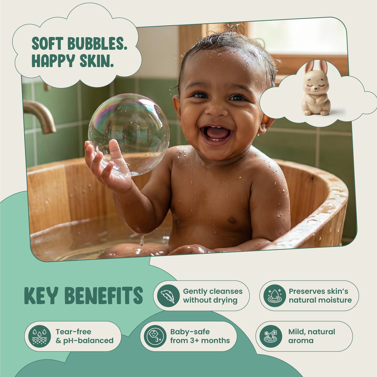 Child in a bathtub with bubbles, surrounded by text highlighting product benefits.
