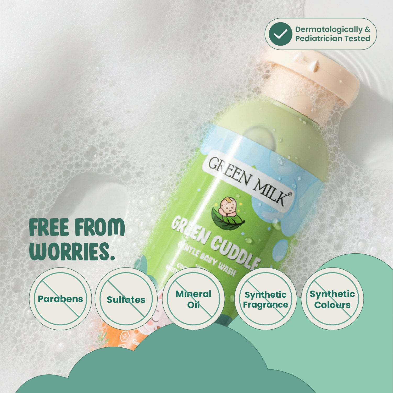 Green Milk Green Cuddle Gentle Baby Wash bottle with soapy background and safety features highlighted.